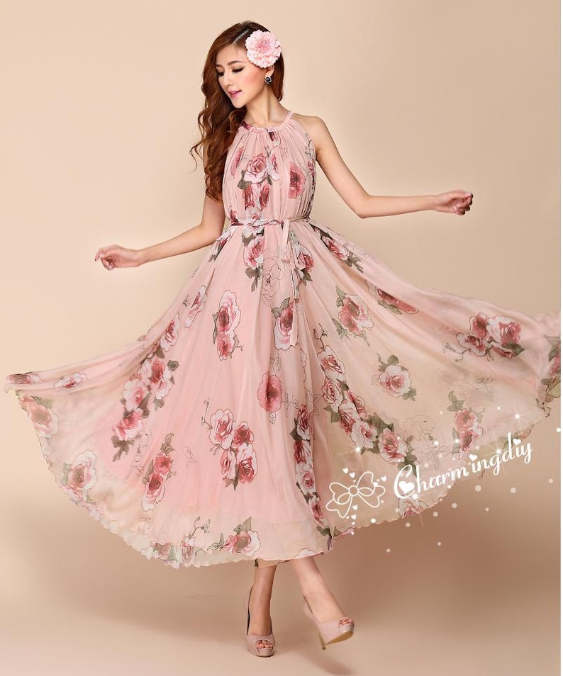 110 colors chiffon pink flower long dress, Maxi dress, summer dress, Custom dress, plus size dress, evening dress, Bridesmaid Dress image 2