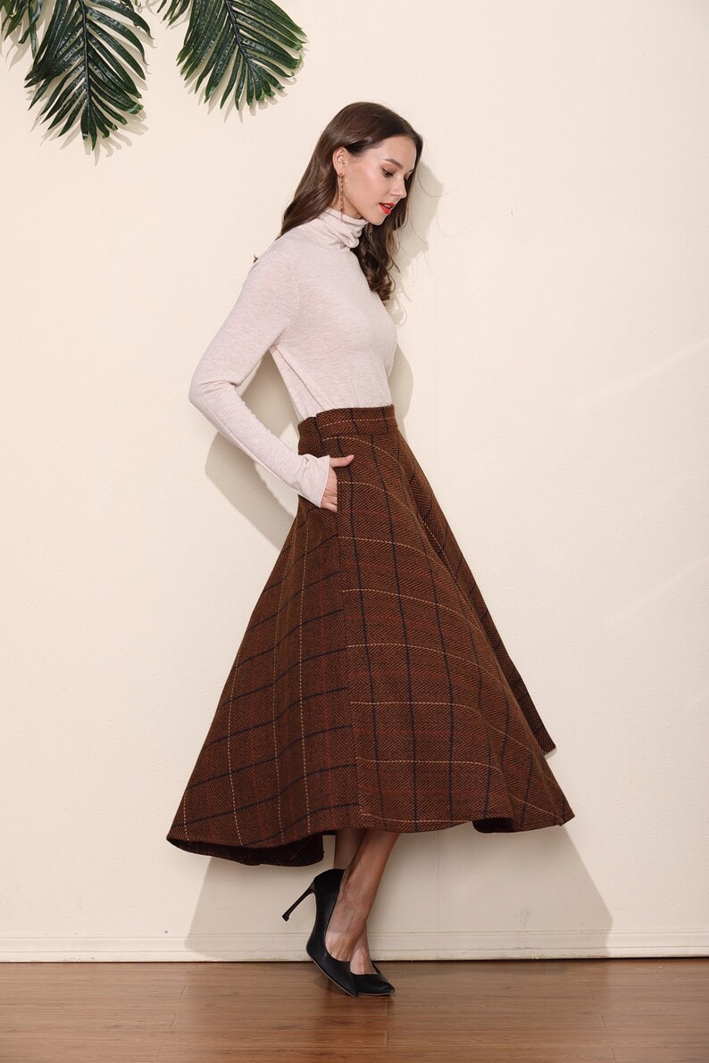 Coffee Brown Grid Wool Skirt Long Woolen Wool Party Skirt | Etsy