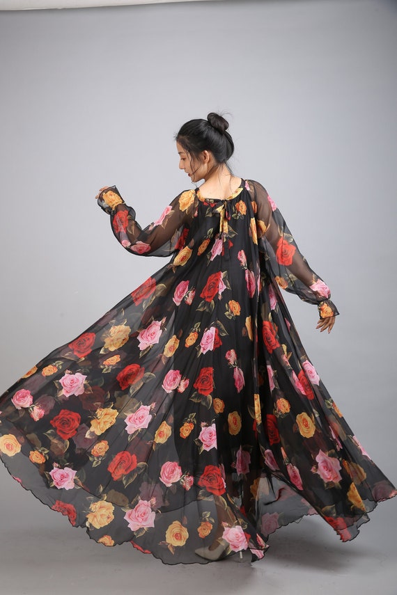 Chiffon Black Flower Maxi Dress: Lightweight Party Gown