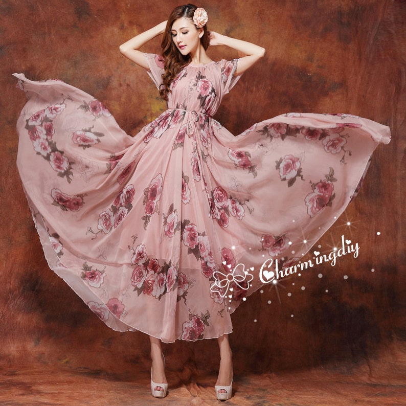 110 Colors Chiffon Rose Flower Long Party Dress Evening Wedding Lightweight Sundress Summer Holiday Beach Dress Bridesmaid Dress Maxi Skirt image 3