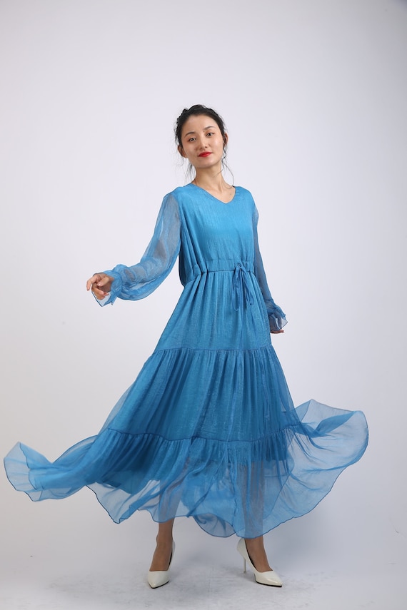 blue chiffon tea length dress self-portrait - Blue Chiffon Short Sleeve Midi Dress
