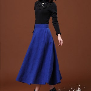 Blue Wool Maxi Skirt: Autumn Long Woolen Party Skirt