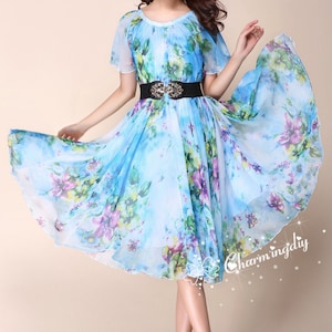 Blue Purple Floral Chiffon Dress: Lightweight Summer Sundress