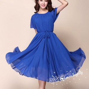 110 Colors Chiffon Blue  Short Sleeve Knee Skirt Party Evening Wedding Lightweight Dress Sundress Summer Bridesmaid Dres
