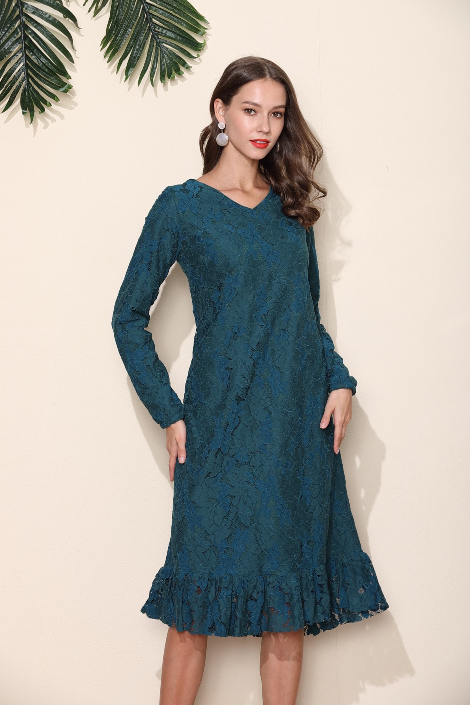 Dark Green Lace Long Sleeve Party Dress Evening Wedding Etsy