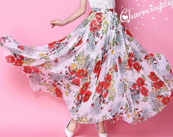 Floral Chiffon Maxi Rock: Roter Blumendruck, Plissee Strand Sommerkleid
