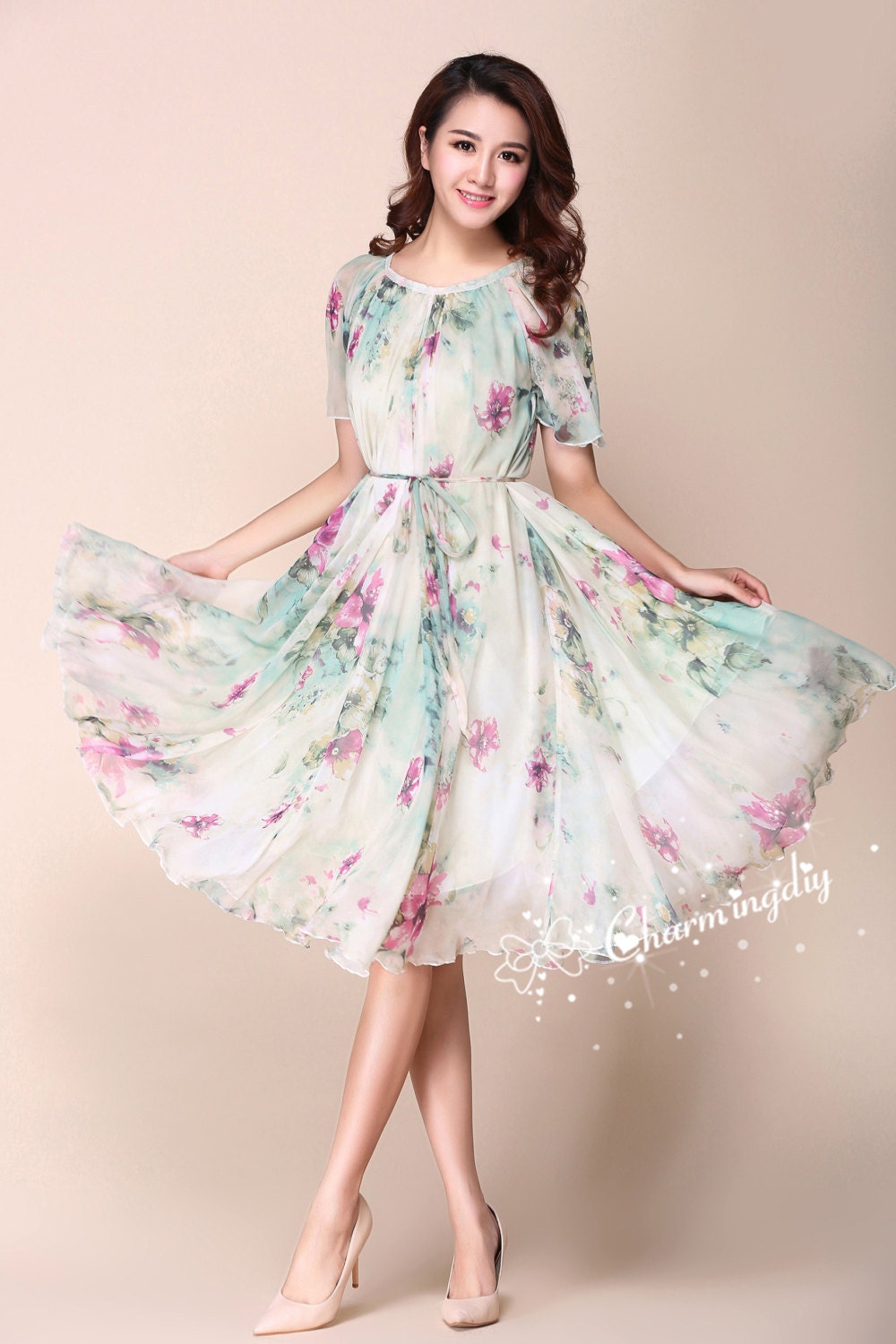 【I AM MARI】Atyu Pink Flower Shirring Chiffon One Piece Sweet Girls Floral Chiffon A-Line Dress Bow Summer Japanese