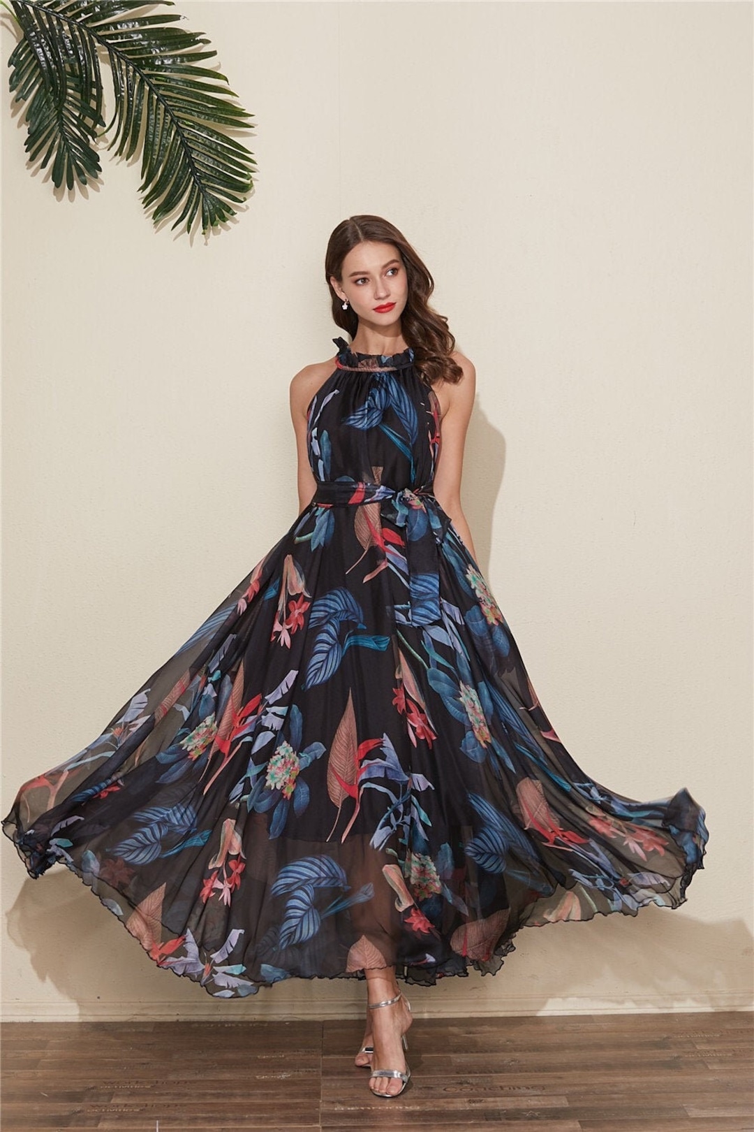 black floral chiffon dress MissJophiel Long Sleeves Sweetheart Corset Black Floral Print Chiffon Tiered Mini Dress Other / Floor Length / US6