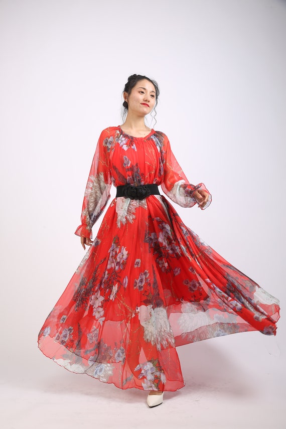 roses are red chiffon maxi dress Coming Up Roses Floral Chiffon Tiered Maxi Dress Red / L