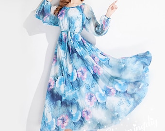 110 Colors Chiffon Blue Flower Autumn Long Sleeve Party Big Hem Evening Wedding Maternity Lightweight Holiay Beach Bridesmaid Maxi Skirt