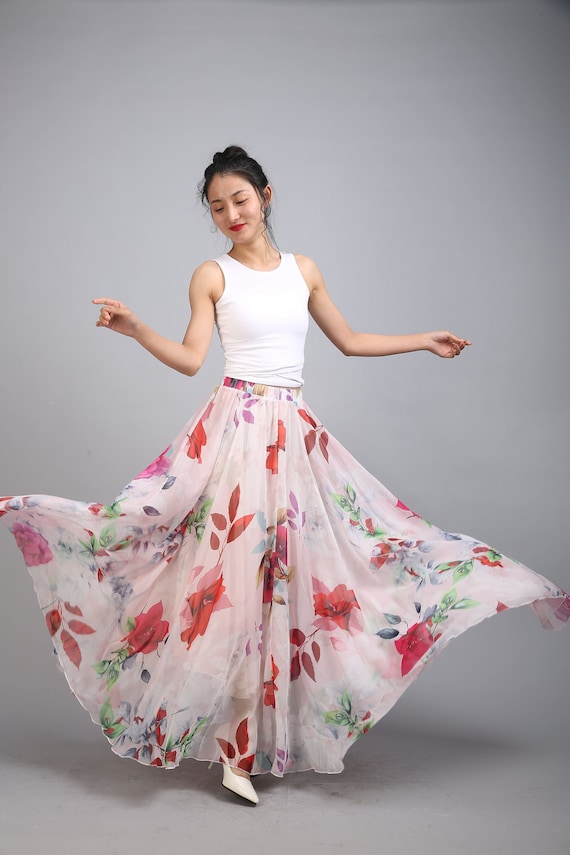 Floral Chiffon Maxi Skirt: Lightweight Beach Wedding Bridesmaid Skirt