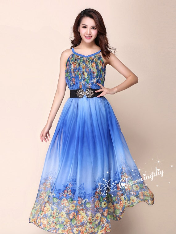 110 Colors Chiffon Blue Flower Long Party Dress Evening | Etsy