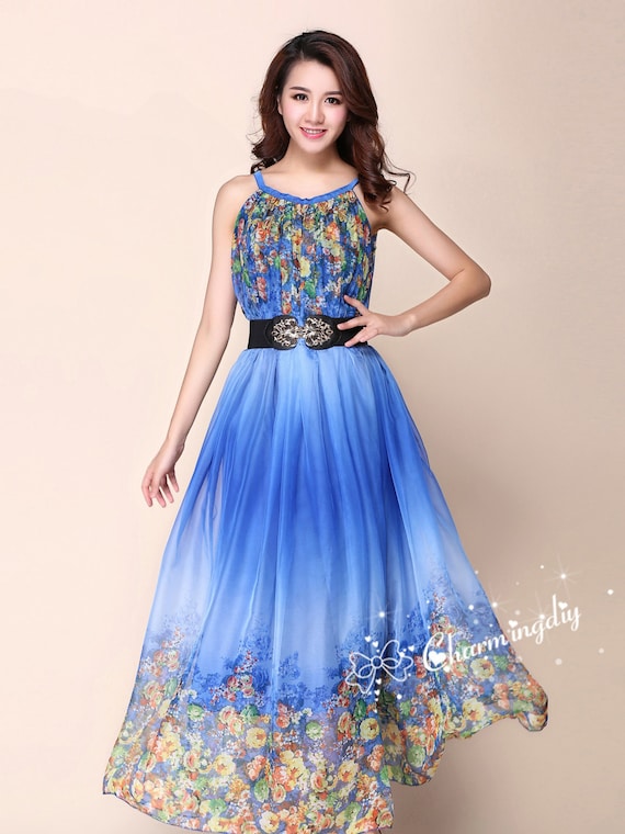 90 Colors Chiffon Blue Flower Long Party Dress Evening Wedding Etsy