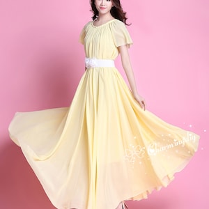 90 Colors Chiffon Light Yellow Short Sleeve Long Party Dress Evening Wedding Lightweight Sundress Summer Holiday Beach Bridesmaid Maxi Skirt