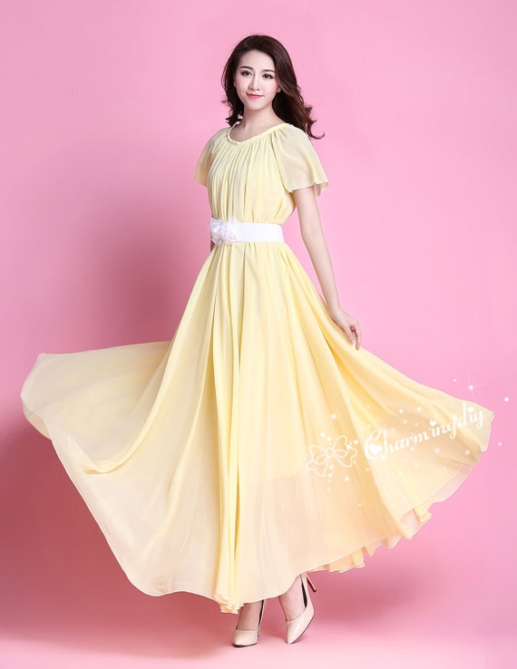 Yellow Chiffon A-line V Neckline Long Sleeves Lace-Up Back Long Prom D –  Dreamdressy