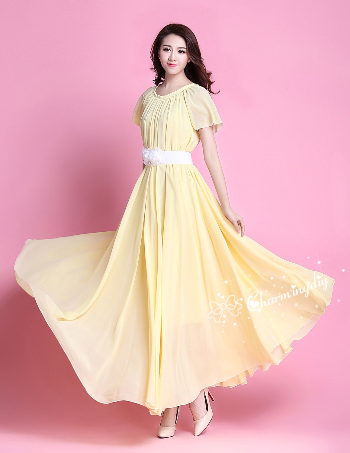 Light yellow chiffon dress sale