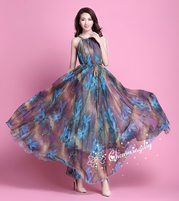 Chiffon Dark Blue Flower Maxi Dress: Lightweight Party Gown Chiffon Dark Blue Flower Maxi Dress: Lightweight Party Gown