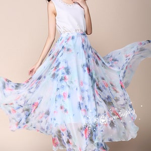 Floral Chiffon Maxi Skirt: Long Pleated Sundress with Belts