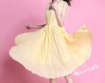 Vestido de gasa amarilla con escote en V: falda de dama de honor para fiesta playera de verano