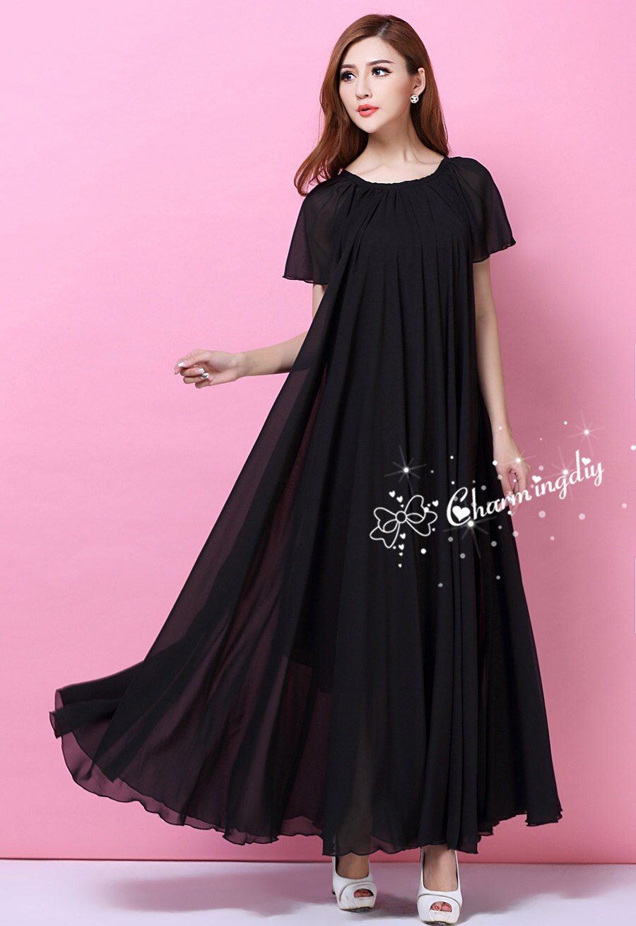 110 Colors Chiffon Black Short Sleeve Long Party Dress Evening - Etsy