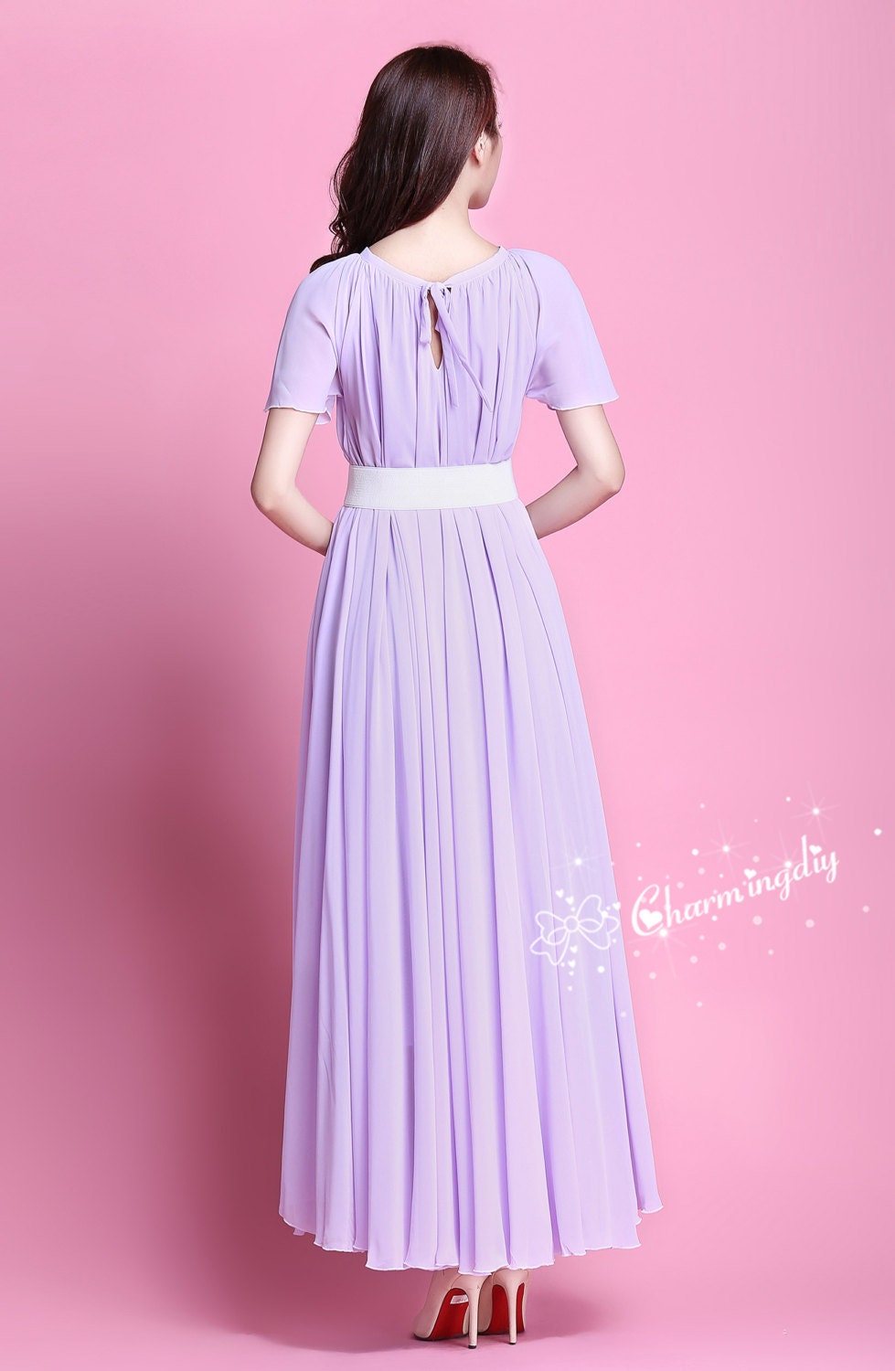 Light Purple Chiffon Maxi Dress: Short Sleeve Bridesmaid Gown