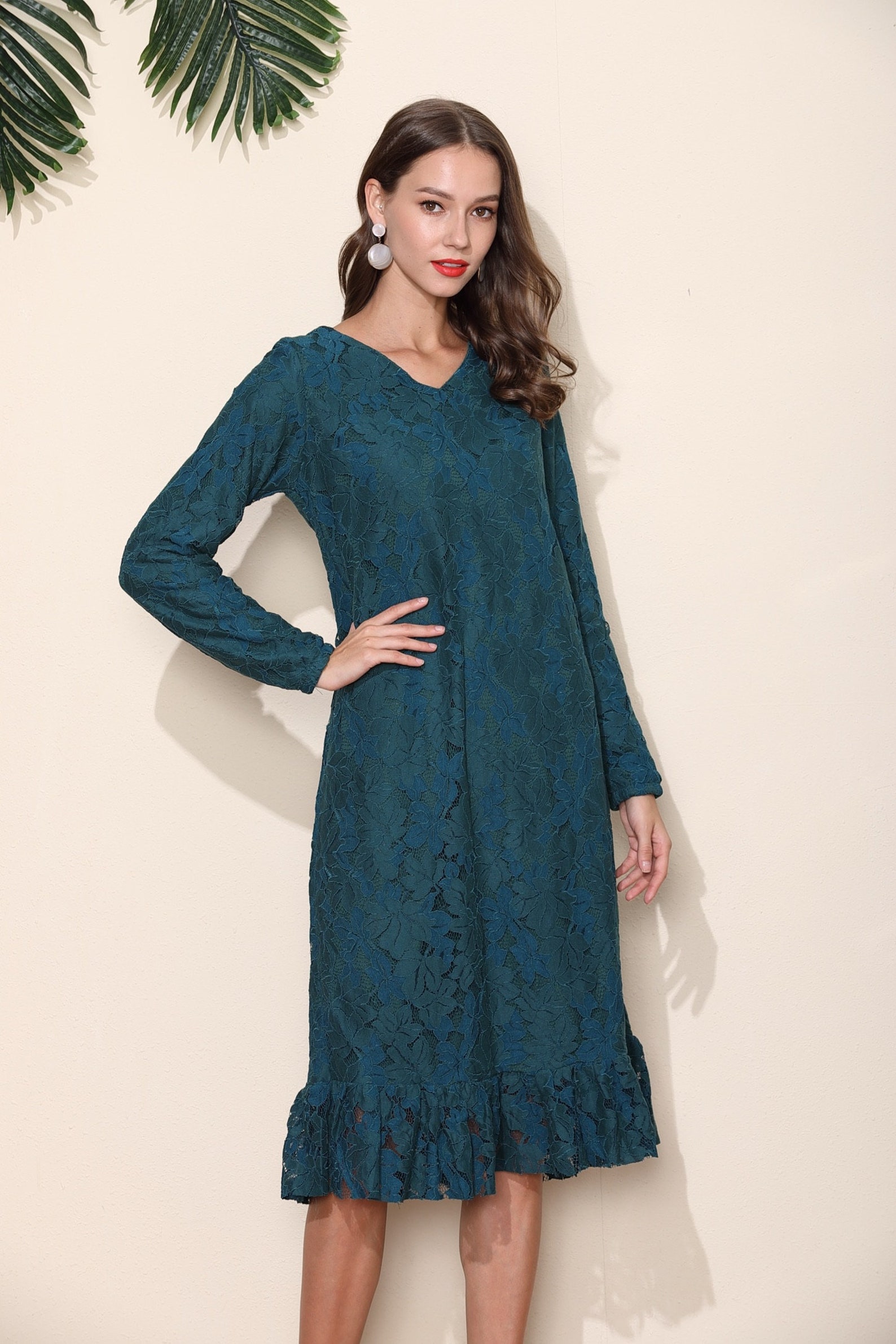 Dark Green Lace Long Sleeve Party Dress Evening Wedding Etsy