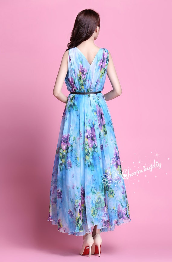 Chiffon Blue Floral Maxi Dress: Lightweight Beach Sundress - Etsy Chiffon Blue Floral Maxi Dress: Lightweight Beach Sundress - Etsy