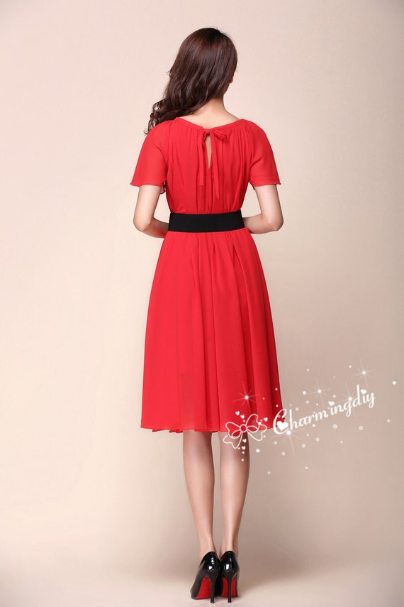 Red Chiffon Bridesmaid Dress: Short Sleeve Party Sundress Red Chiffon Bridesmaid Dress: Short Sleeve Party Sundress