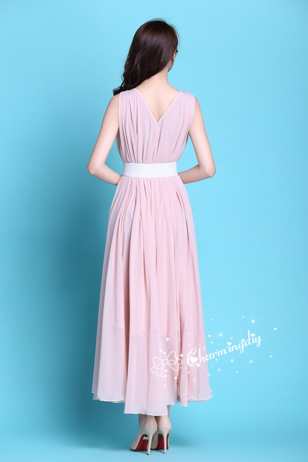 Elegant Pink A-Line Ruffles Chiffon Long Party Dress Evening Dress, DP4922