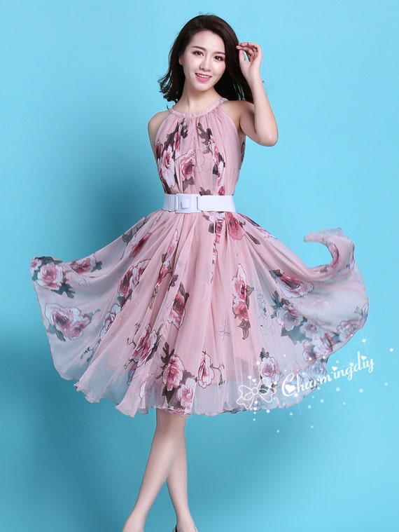 Pink chiffon dress knee length hotsell