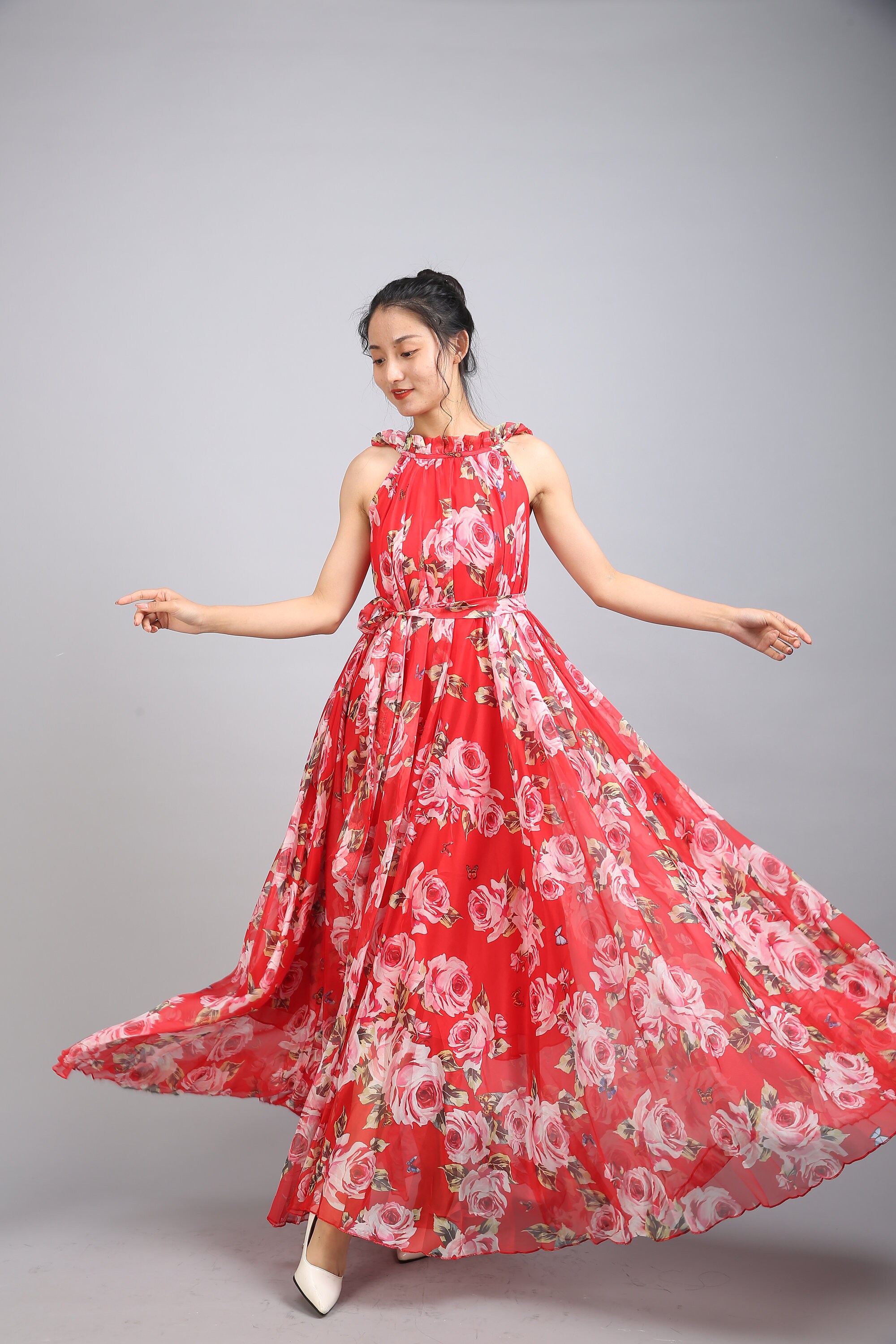 radiant ruby red floral print chiffon maxi dress Radiant Ruby Red Floral Print Chiffon Maxi Dress