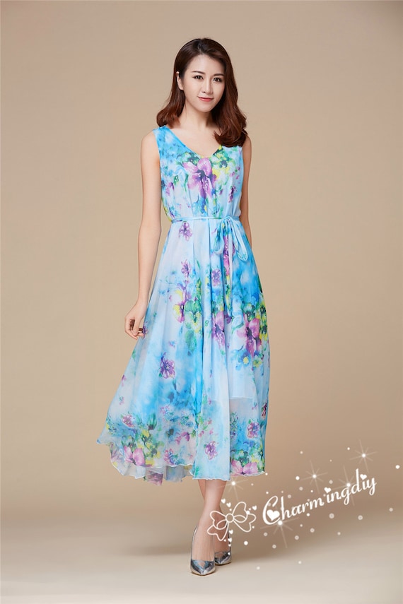 Blue Purple Floral Chiffon Maxi Dress: Lightweight Party Bridesmaid Skirt