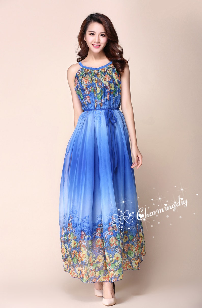 110 Colors Chiffon Blue Flower Long Party Dress Evening Etsy