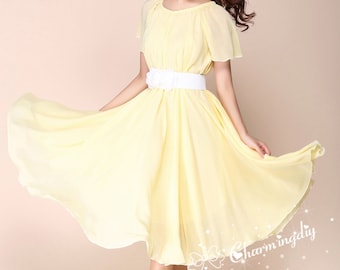 Vestido de dama de honor de gasa amarilla: falda de fiesta de manga corta