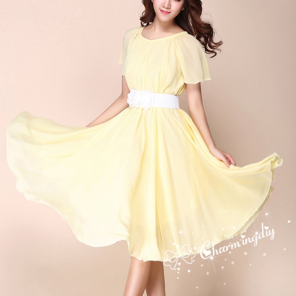110 Colors Chiffon Yellow Short Sleeve Knee Skirt Party Evening Wedding Lightweight Dress Sundress Summer Bridesmaid Dress Skirt