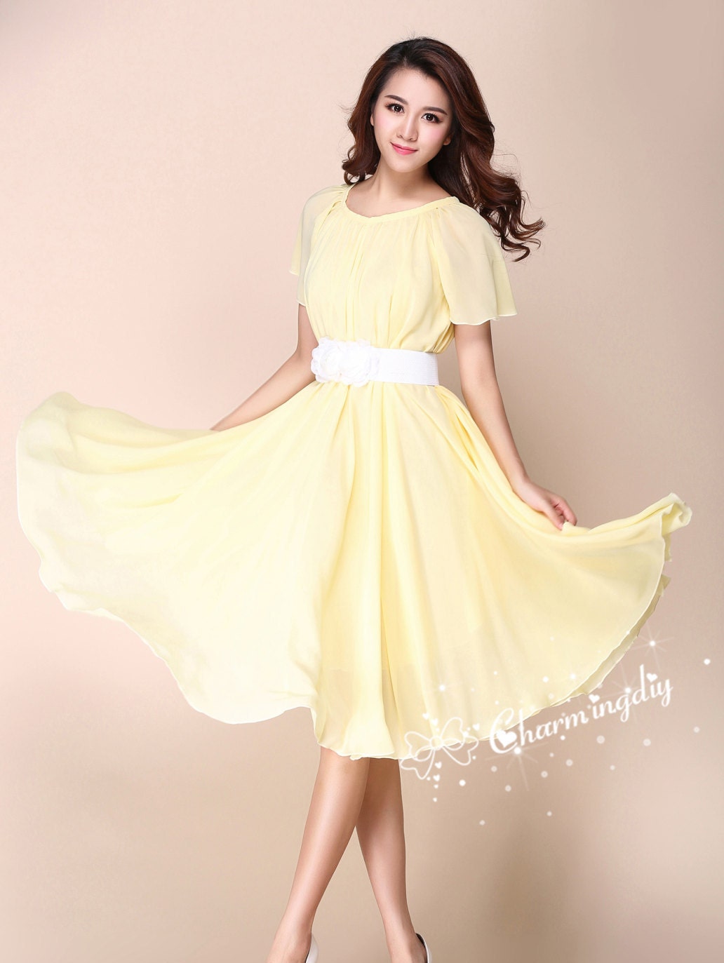90 Colors Chiffon Yellow Short Sleeve Knee Skirt Party Evening