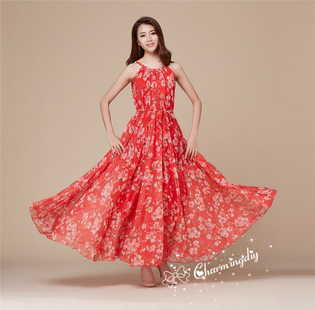 red floral chiffon maxi dress Virella Crimson blossom layers Tiered chiffon maxi dress