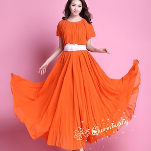 Orange Chiffon Maxi Dress: Short Sleeve Bridesmaid Gown