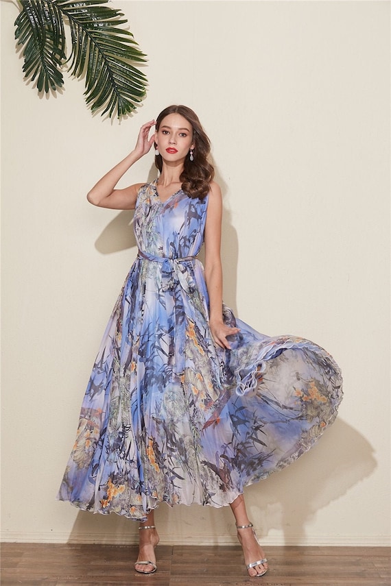 blue floral maxi dress for wedding Lovely Royal friendly construction lets the dress accommodate pregnancy while maintaining shape Blue Floral Chiffon Maxi Dress: