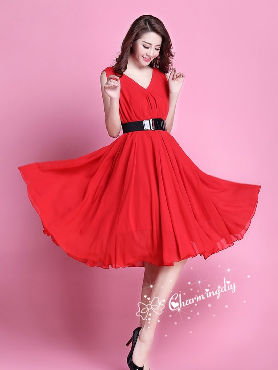 Red Chiffon V-Neck Party Dress: Knee Length Sundress with Belts