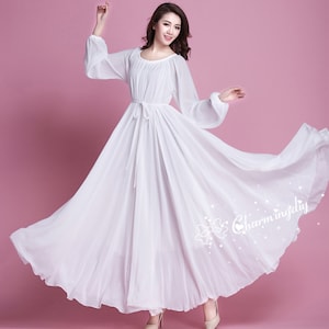 110 Colors Chiffon White uAutumn Long Sleeve Party Big Hem Dress Evening Wedding Maternity Lightweight Holiay Beach Bridesmaid Maxi Skirt