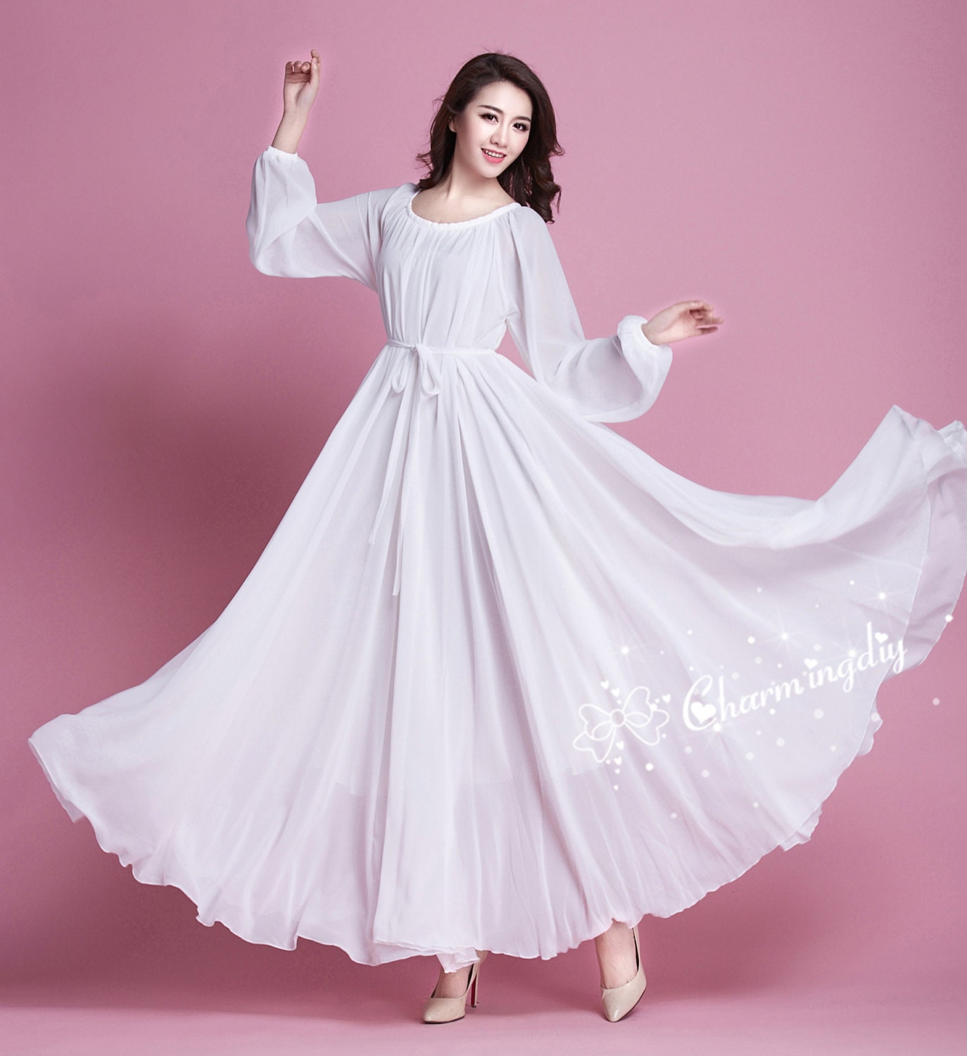 White Chiffon Maxi Dress: Long Sleeve Wedding, Maternity, or Beach