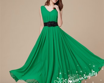 Green Chiffon Maxi Dress: Lightweight Party Bridesmaid Gown