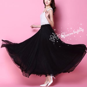 Silk Chiffon Black Long Party Skirt Evening Wedding Lightweight Sundress Summer Holiday Beach Dress Bridesmaid Dress Maxi Skirt YM033