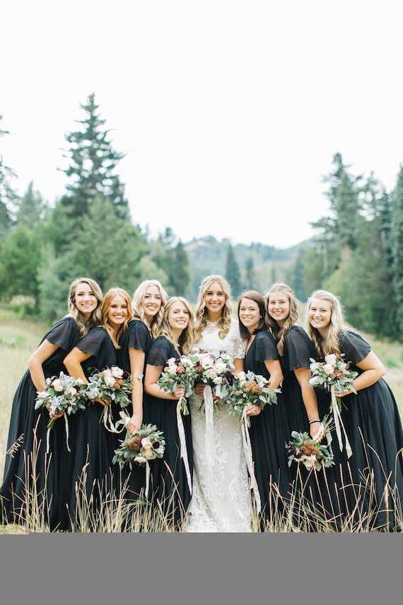 blue dress for baby girl Long Black Chiffon Bridesmaid Dresses with V-Neck Black / 8 main image 1