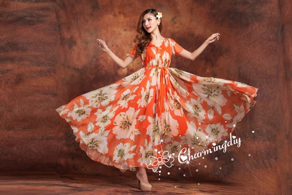orange chiffon maxi dress Orange Floral Chiffon V-Neck Long Sleeve Maxi Dress