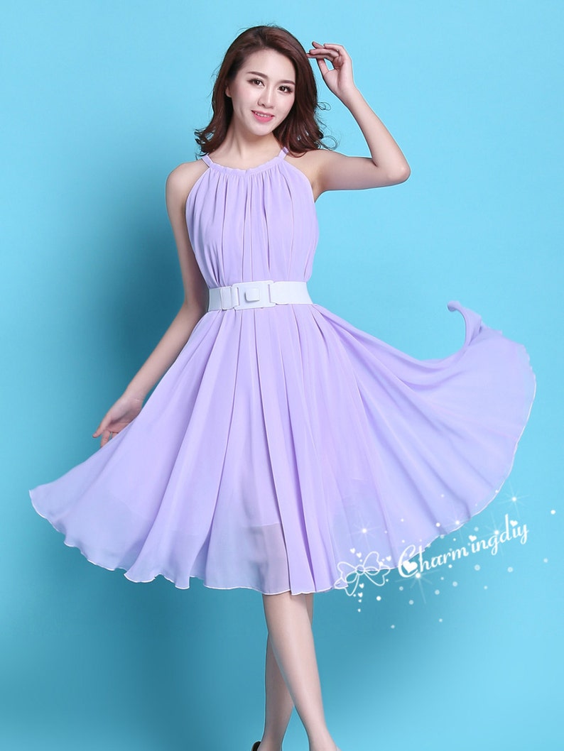110 Colors Chiffon Light Purple Knee Dress, Party Dress, Wedding Lightweight Sundress Summer Holiday Beach Dress Bridesmaid Dress Skirt image 1