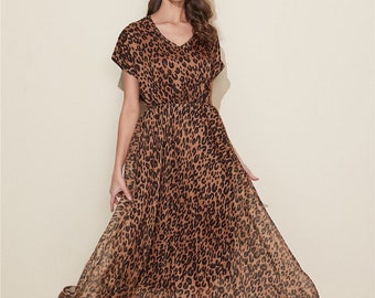 chinese dress ladies Sheer Ruched Chiffon Maxi Dress- Leopard Print