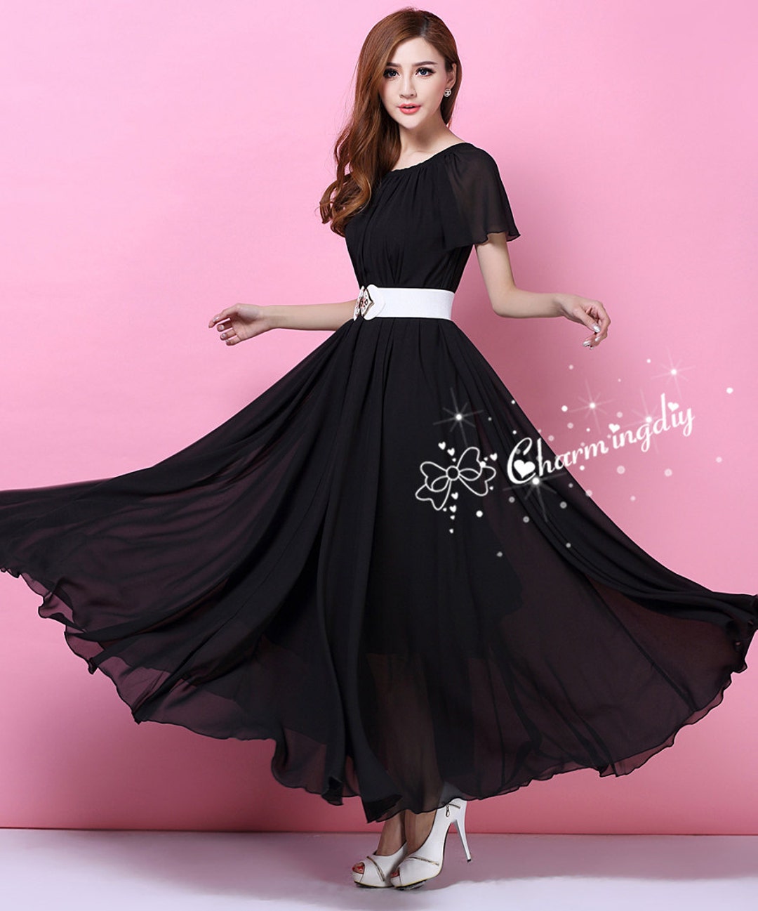 110 Colors Chiffon Black Short Sleeve Long Party Dress Evening Wedding ...