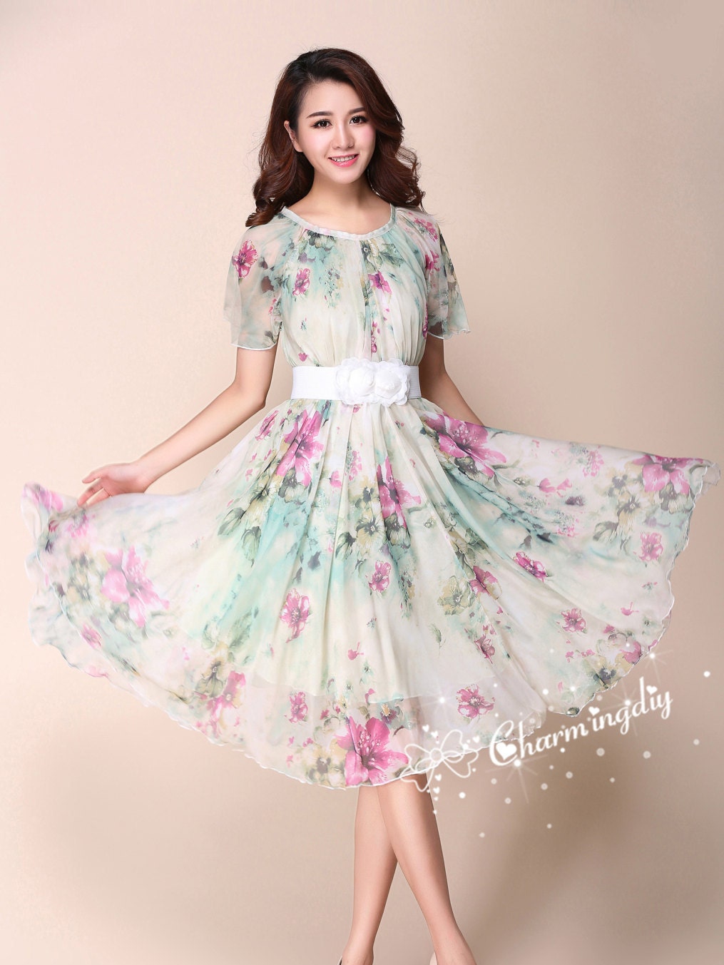 90 Colors Chiffon Green Pink Flower Short Sleeve Knee Skirt